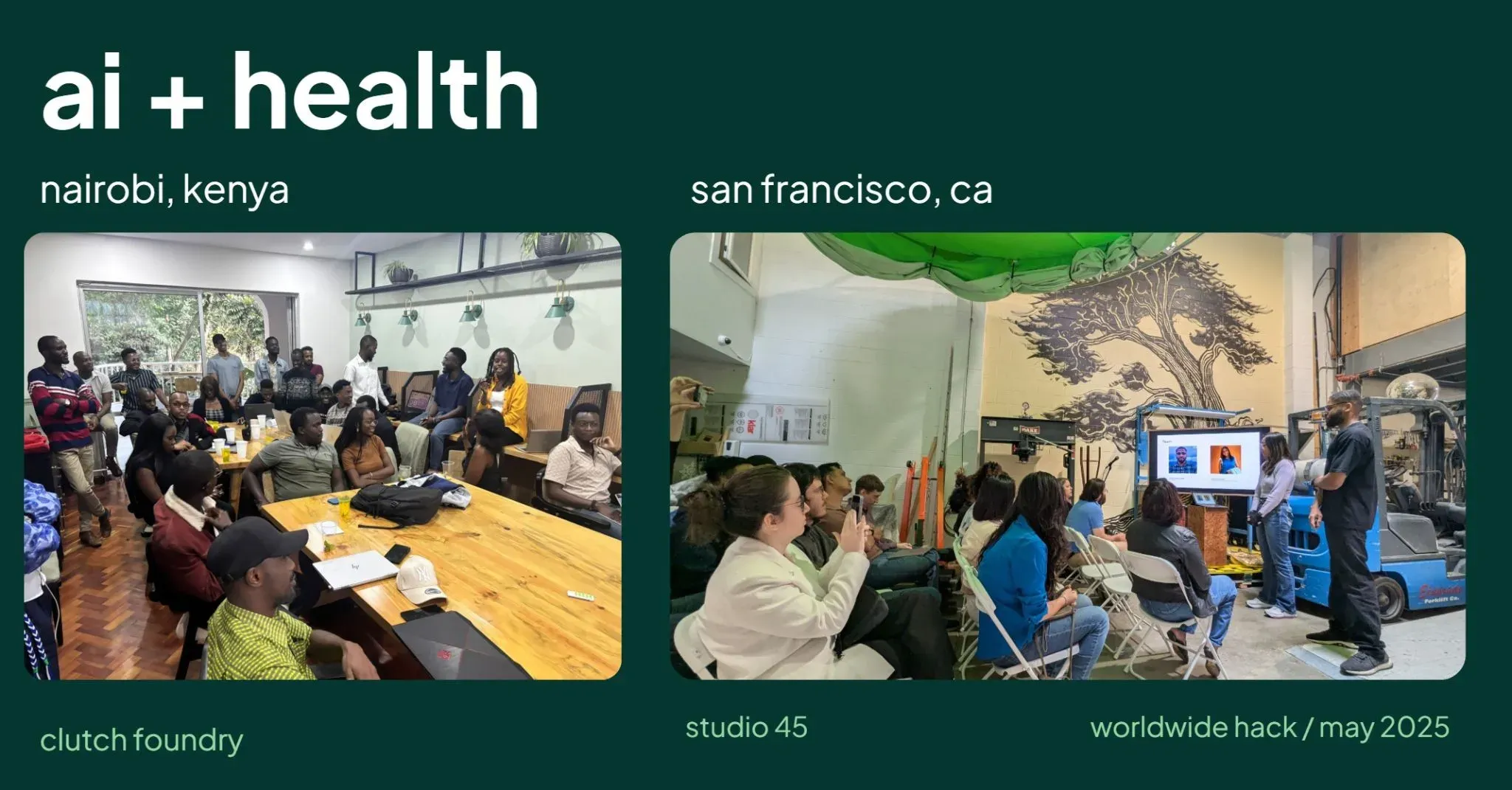AI + health sessions running in parallel at Clutch Foundry in Nairobi and Studio 45 in San Francisco