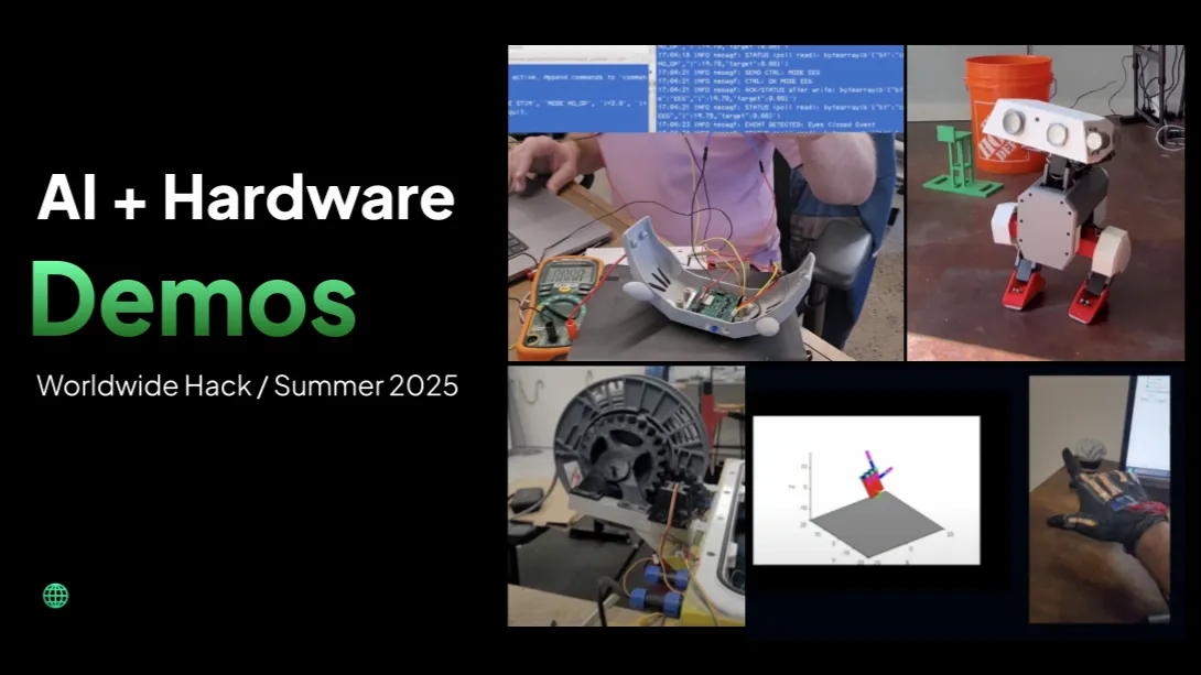 AI + Hardware Demos, Worldwide Hack / Summer 2025, with a collage of the teams' hardware prototypes