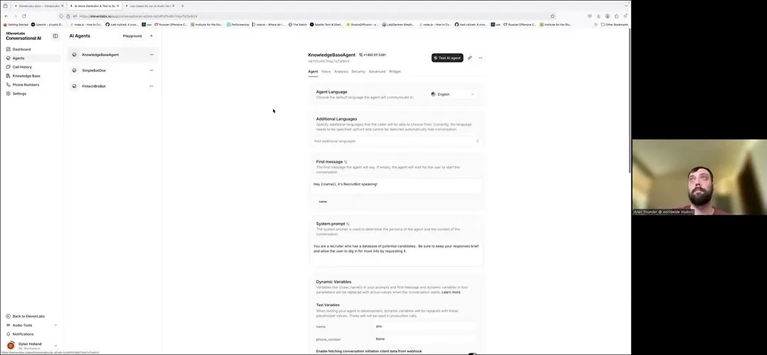 A coaching session screen share showing an ElevenLabs conversational AI agent being configured