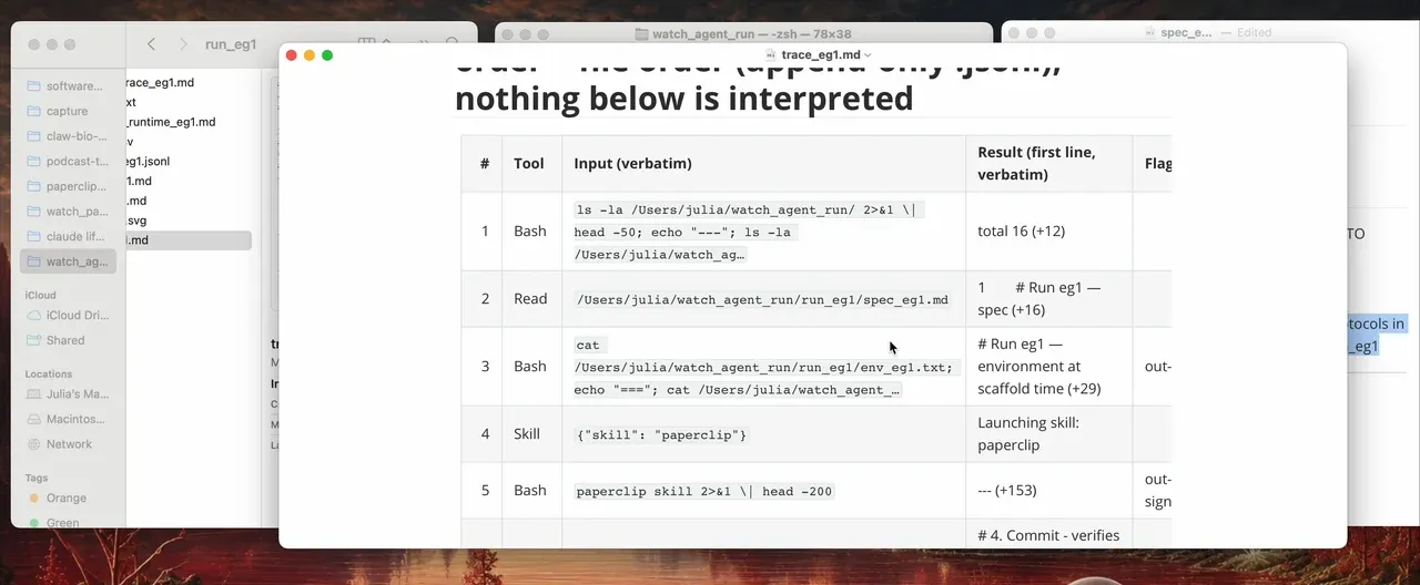 watch agent run table pairing agent tool calls with their inputs and results