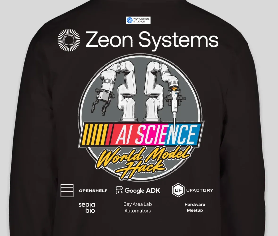 AI Science World Model Hack shirt with partner logos